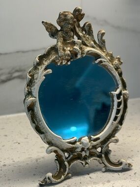 Adorable Cherub Angel Standing Vintage Iron Mirror 5 Inches Tall